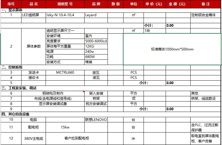 櫥窗LED透明屏價格報價組成部分一覽表